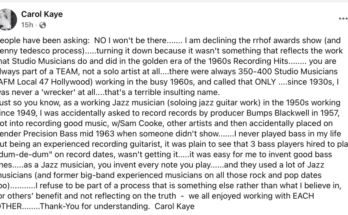 Carol Kaye azt mondja, hogy "elutasította" a Rock Hall of Fame bevezetését